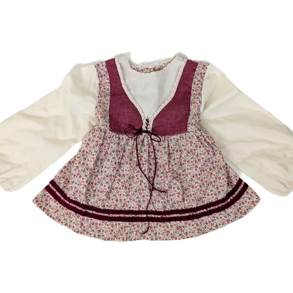 70s Floral Apron Blouse Red Trim Long Sleeve Front Tie Bow Peasant Milkmaid - Picture 1 of 8